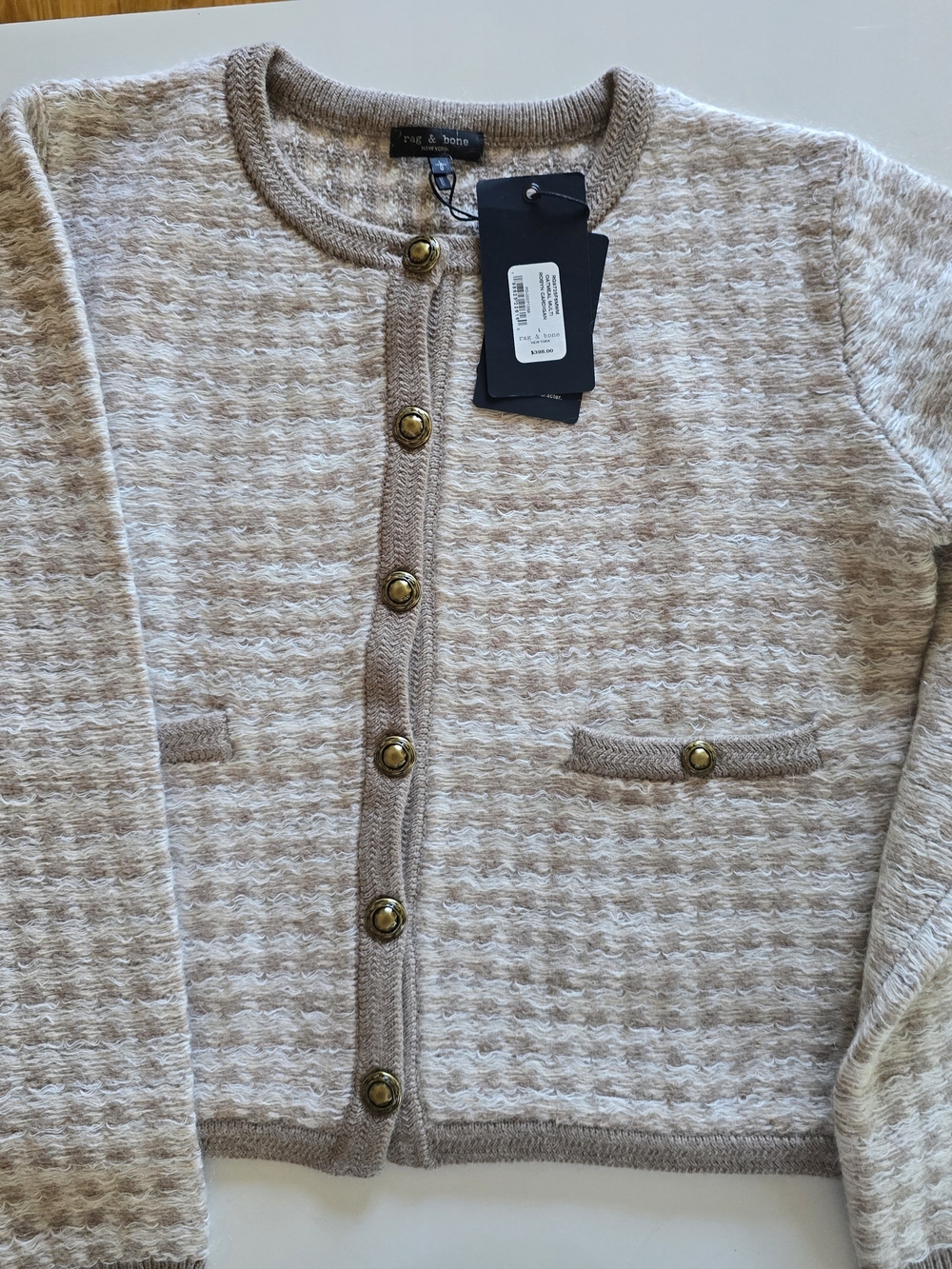 NWT rag & bone Robyn Tweed Cardigan Oatmeal Multi Gold Button Size Large - Picture 2 of 8